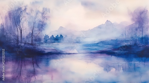 Wallpaper Mural Ethereal Watercolor Landscape with Misty Mountains and Reflections Torontodigital.ca