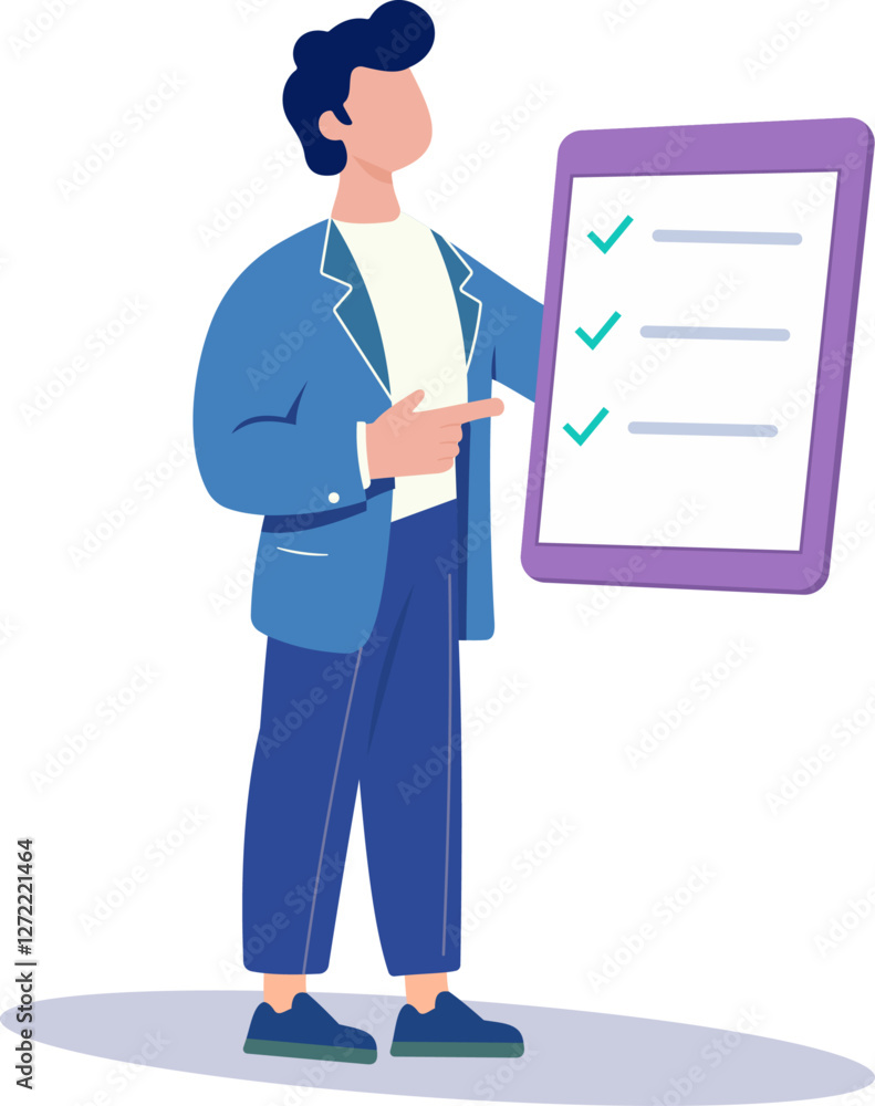 Illustration of a Person in a Blue Suit Pointing at a Checklist on a Large Tablet, Representing Task Management and Organization Illustration of a Person in a Blue Suit Pointing at a Checklist on a Large Tablet, Representing Task Management and Organization