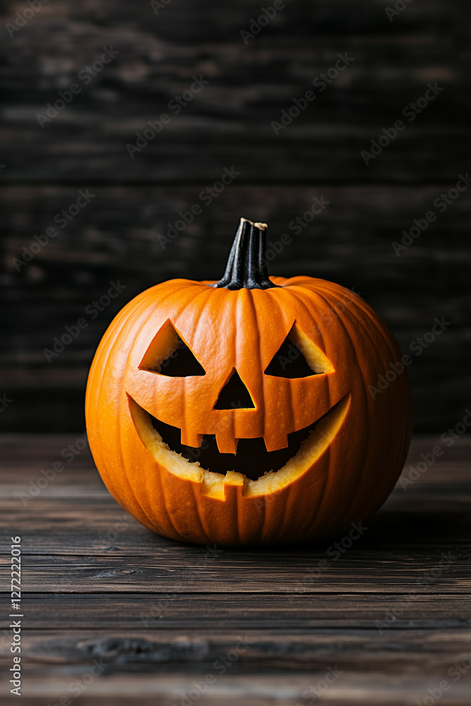 A classic jack-o'-lantern with a mischievous grin sits on a rustic wooden surface against a dark backdrop. A classic jack-o'-lantern with a mischievous grin sits on a rustic wooden surface against a dark backdrop.