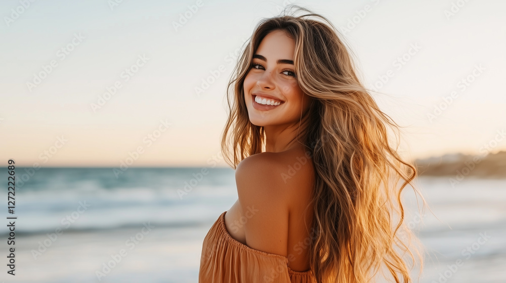 Fototapeta premium A happy young woman with long wavy hair smiling at the beach during sunset, with the ocean in the background.