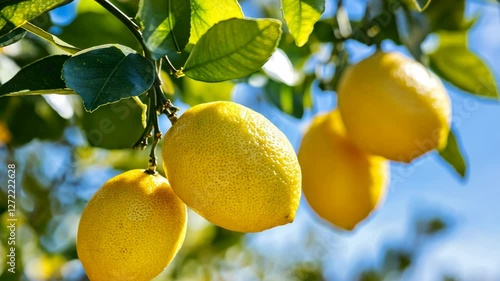 Golden lemons hang from vibrant green branches under a clear blue sky in an orchard during sunny day