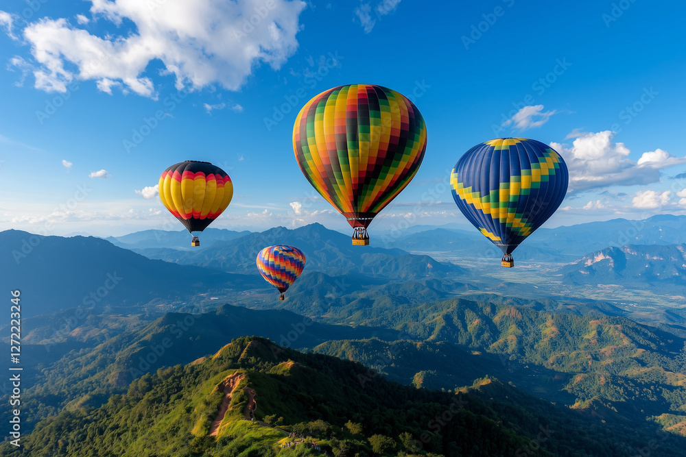 Fototapeta premium Colorful hot air balloons floating above scenic mountains under a bright blue sky, capturing adventure and freedom.