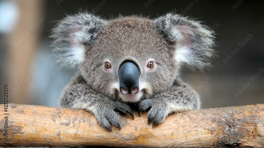 Fototapeta premium Adorable koala joey on branch, zoo enclosure