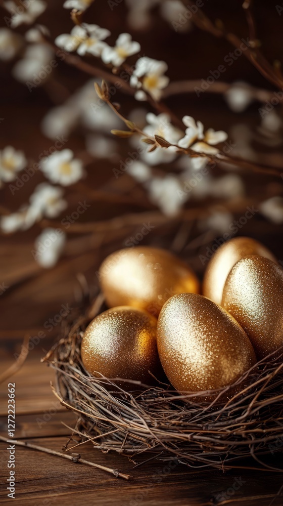 This striking image features a nest filled with glistening golden eggs elegantly surrounded by soft white blossoms, evoking feelings of joy and renewal during the festive Easter season. This striking image features a nest filled with glistening golden eggs elegantly surrounded by soft white blossoms, evoking feelings of joy and renewal during the festive Easter season.