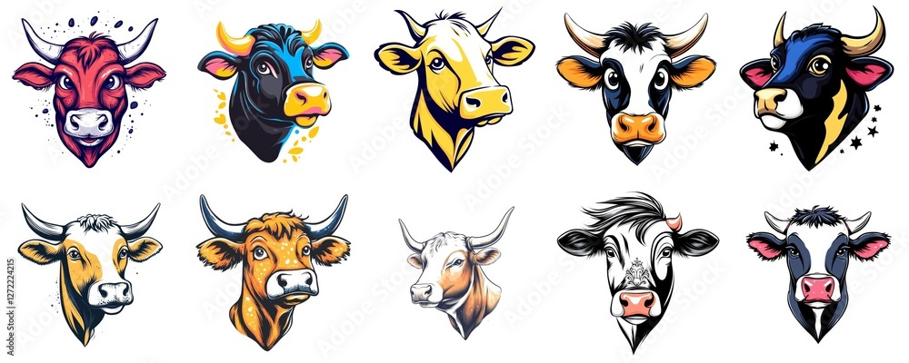 Naklejka premium Colorful Cow and Bull Head Illustrations