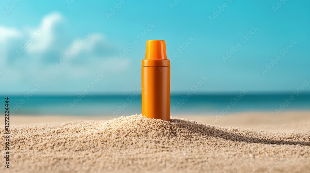 Orange sunscreen bottle on sandy beach with ocean horizon and blue skies Orange sunscreen bottle on sandy beach with ocean horizon and blue skies