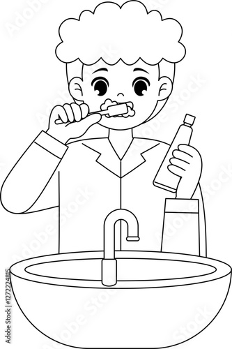 cute kid brushing teeth outline coloring printable