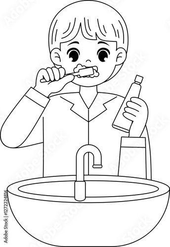 cute kid brushing teeth outline coloring printable