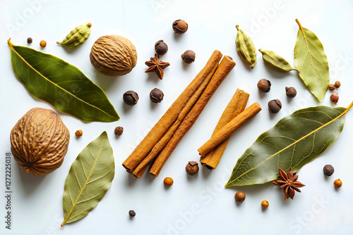 A variety of spices are arranged on a white surface