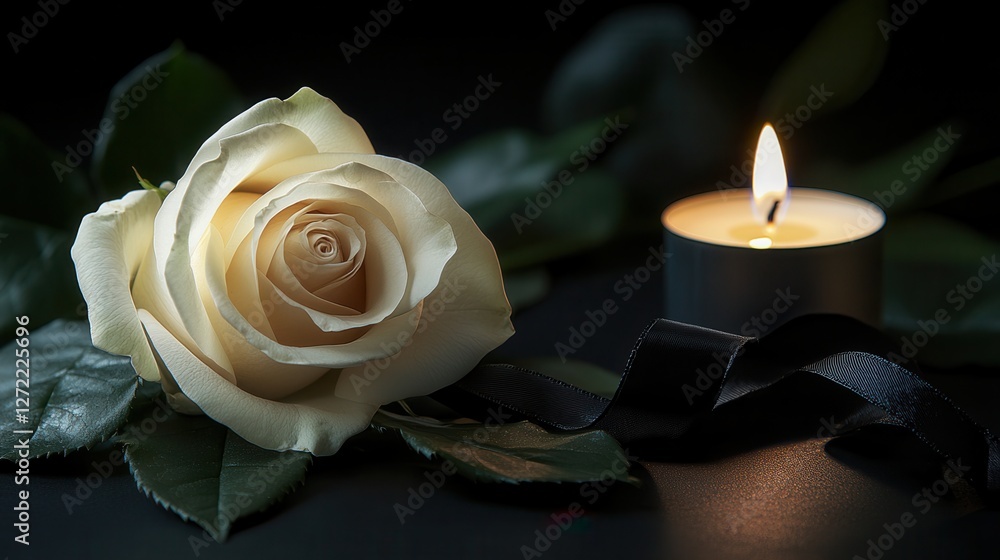 Fototapeta premium Elegant candle and white rose arrangement for funeral service tribute with customizable text space. background with copy space, funeral service, memorial and obituary header. Candlelit memorial