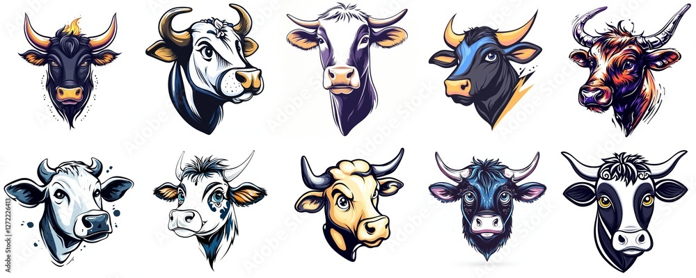 Naklejka premium Cow and Bull Heads Animal Portraits Farm Art