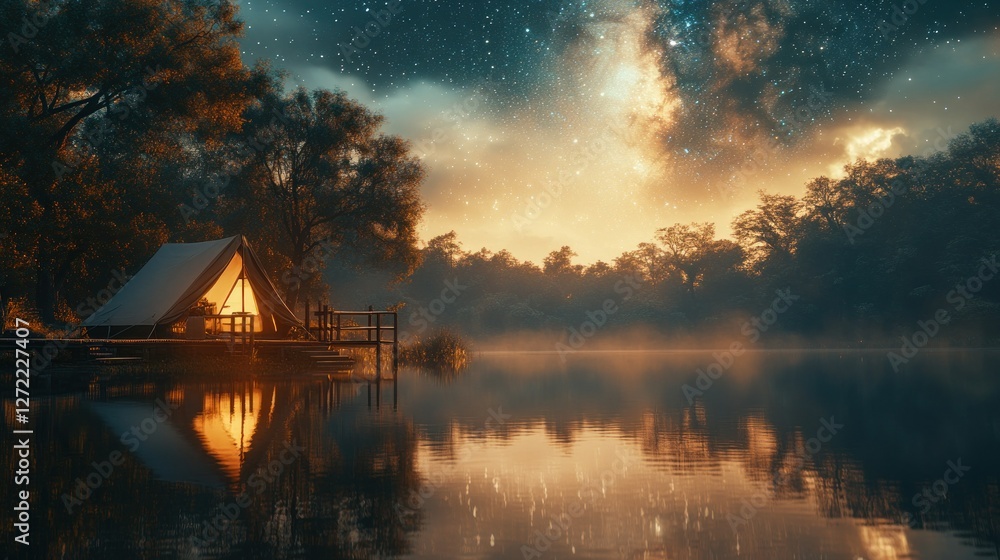 Fototapeta premium Lakeside glamping tent, starry night, tranquil scene, nature escape