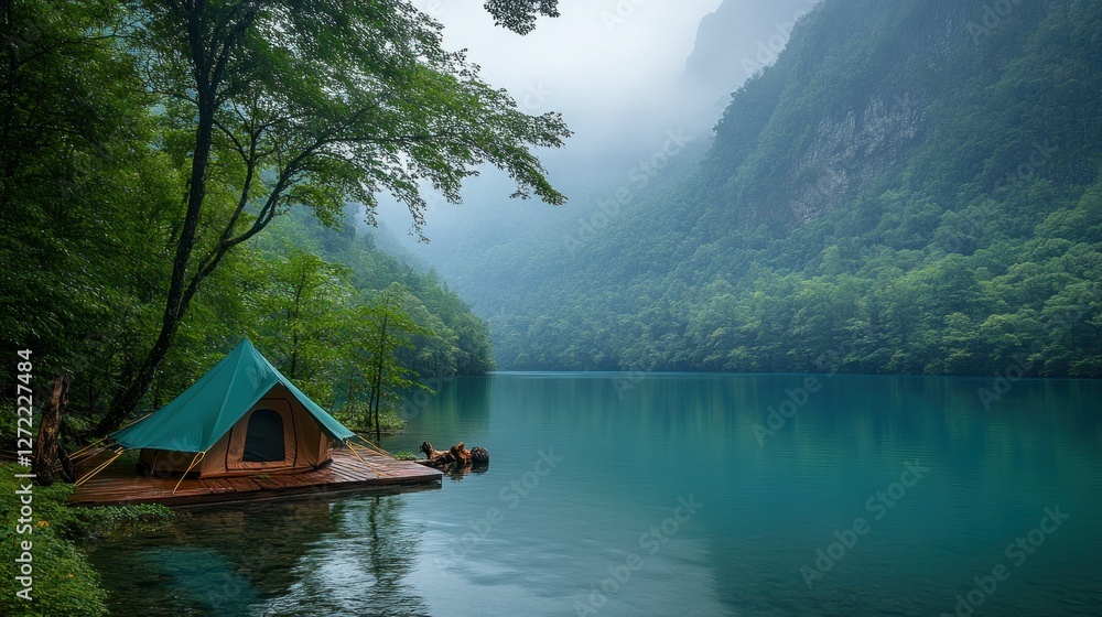Fototapeta premium Lakeside glamping tent, misty mountain backdrop, tranquil scene