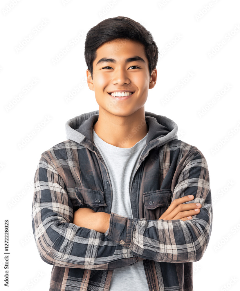 Portrait of Asian Teenage boy wearing plaid jacket, isolated on white transparent background Portrait of Asian Teenage boy wearing plaid jacket, isolated on white transparent background