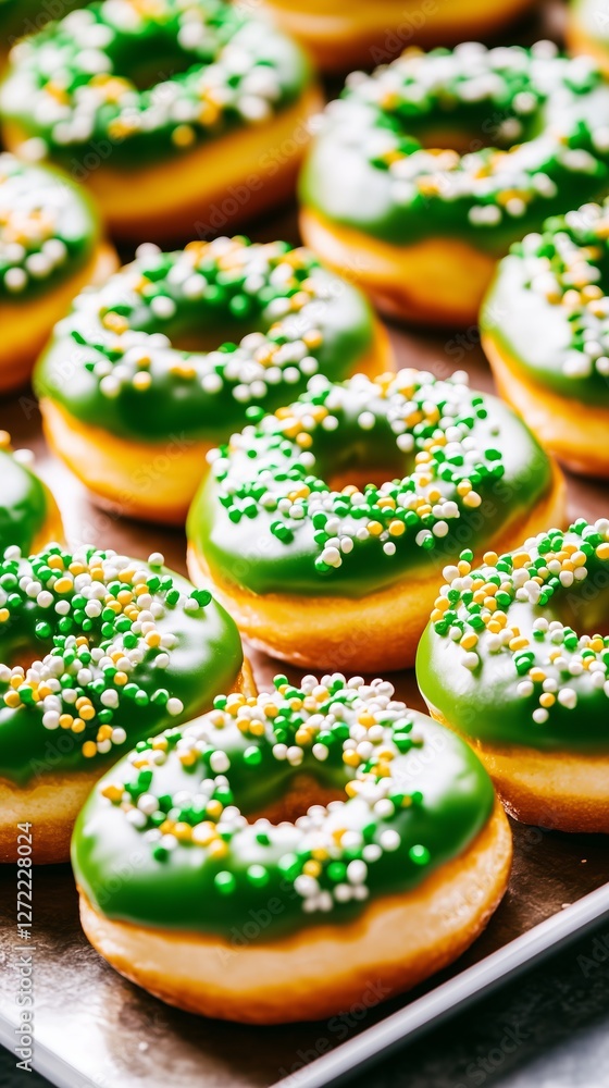tray of freshly baked golden-brown donuts, each topped with a glossy green glaze and an abundant layer of vibrant green and white sprinkles for St Patricks tray of freshly baked golden-brown donuts, each topped with a glossy green glaze and an abundant layer of vibrant green and white sprinkles for St Patricks
