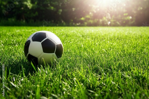 A soccer ball sits on a vibrant green grass field illuminated by bright sunlight. The scene captures the essence of outdoor play in perfect clarity. Ideal for sports enthusiasts
