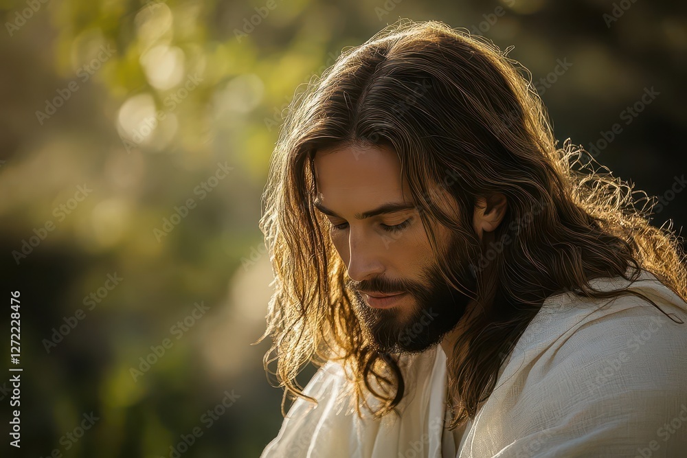 Fototapeta premium Majestic Jesus Christ in Flowing White Robe with Long Hair Inspiring Followers with His Timeless Call to Faith and Discipleship