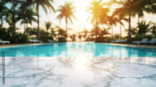 Wallpaper Mural A smooth white marble table top in the foreground, with a blurred tropical resort swimming pool and lush greenery in the background, creating a bright, summery setting for product display or montage. Torontodigital.ca