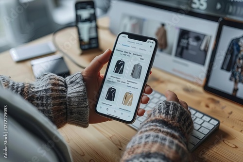 Person holding mobile phone and shopping online on wooden desk in close-up view