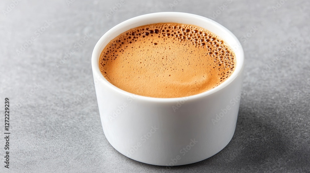 Aromatic Espresso in White Cup on Gray Surface. Possible use Stock photo for coffee shops, restaurant menus, or food blogs Aromatic Espresso in White Cup on Gray Surface. Possible use Stock photo for coffee shops, restaurant menus, or food blogs