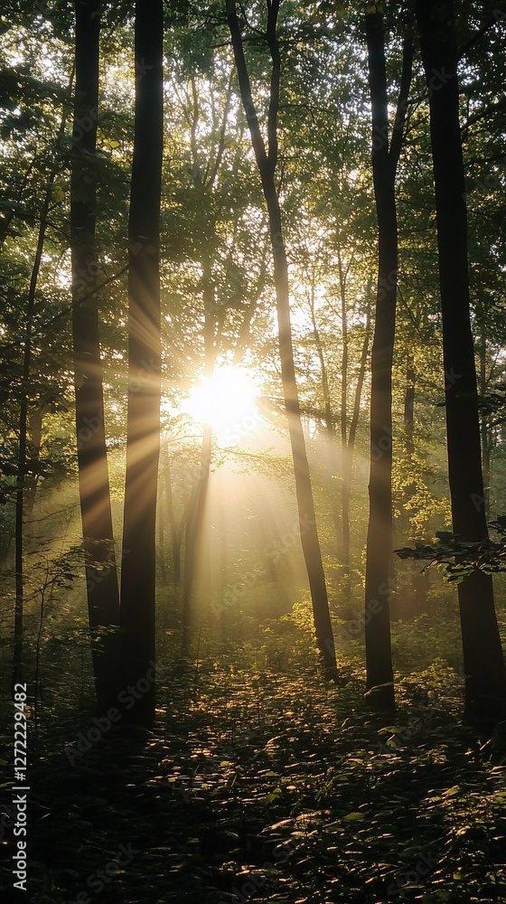 Obraz premium beautiful rays of sunshine comming through the branches in the woods 