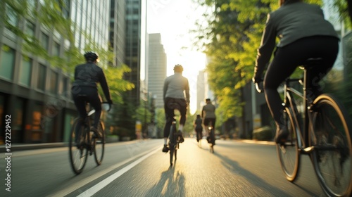 Corporate employees embracing eco-friendly commute by cycling to work in urban setting