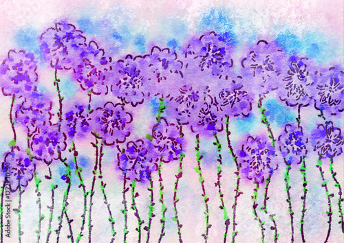 Foto graffiti grunge floral illustration, purple watercolor violets, handpainted flow