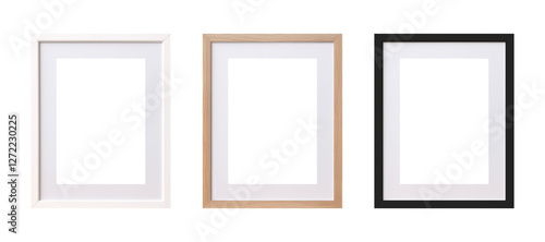 Modern standard A4 A3 size picture frame mockup transparent PNG set bundle, isolated background. White, wood, black texture color with a mat, gallery, art painting photo framing