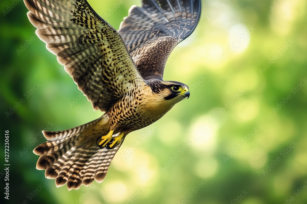 Fototapeta premium A falcon flaps its powerful wings while flying through the air, showcasing its vibrant feathers. Generated AI
