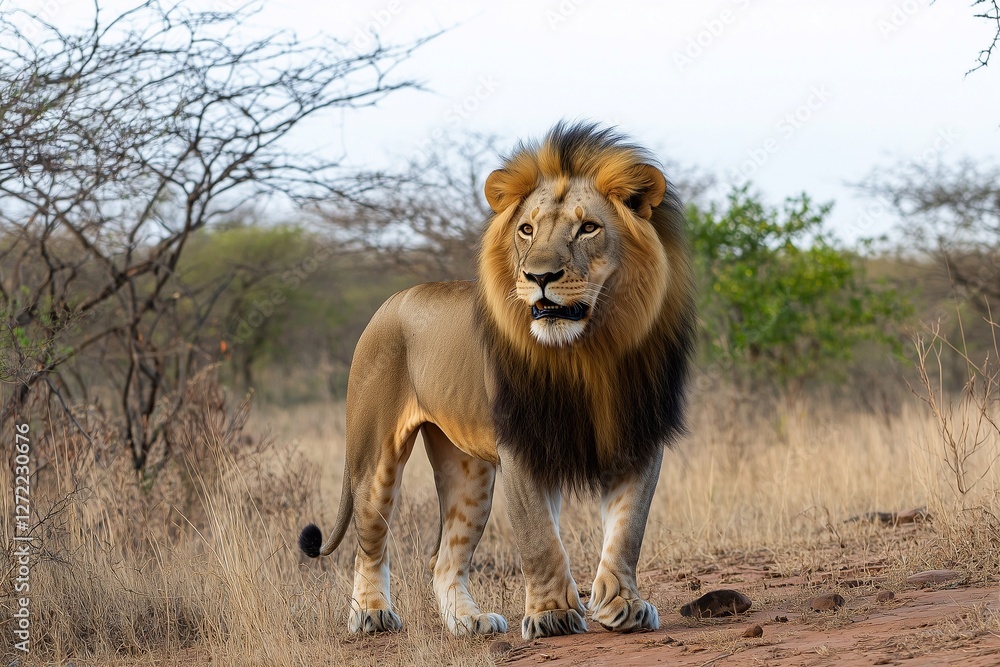 A large, powerful lion moves gracefully across the African landscape, showcasing its golden fur and striking mane. Generated AI A large, powerful lion moves gracefully across the African landscape, showcasing its golden fur and striking mane. Generated AI