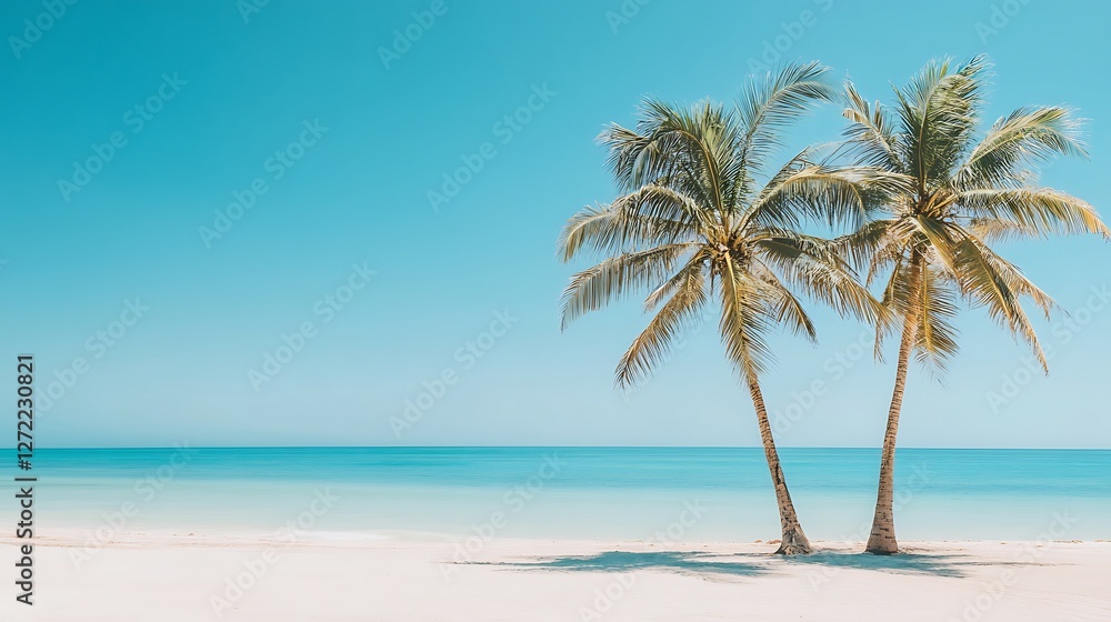 Obraz premium Two Palm Trees Frame Tropical Beach Scene