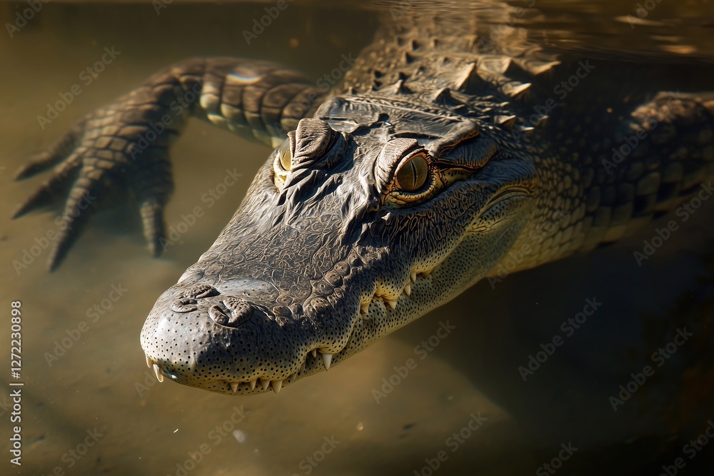 Fototapeta premium In a murky river, a sharp-snouted crocodile swims gracefully, demonstrating its natural predatory behavior in a calm environment during daylight. Generated AI