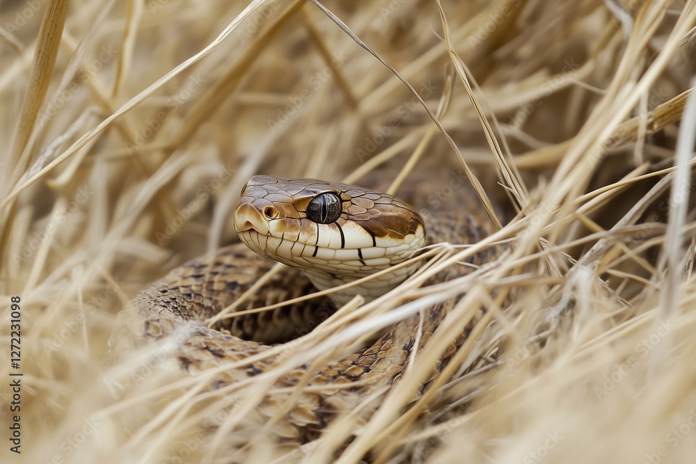 Fototapeta premium A snake is concealed among dry grass, showcasing its remarkable camouflage. This behavior helps it remain undetected by predators and prey alike. Generated AI