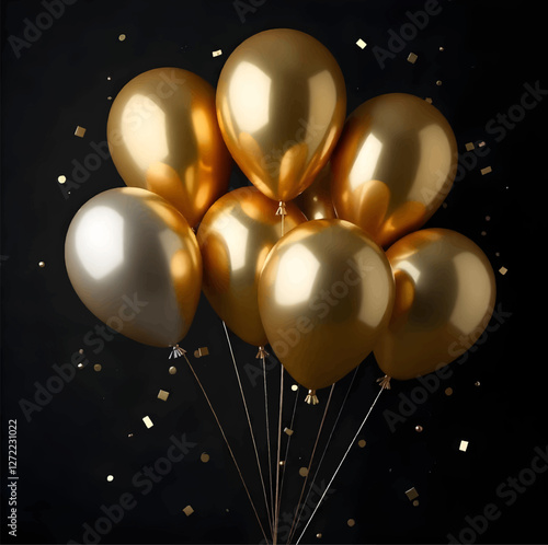 Gold balloons in the night sky, gold balloons on black background vector, party balloons template