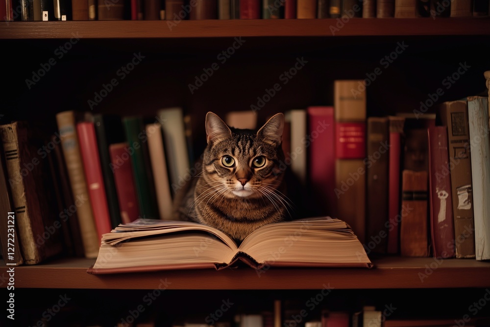 A curious cat lounges on an open book atop a wooden bookshelf filled with an array of vintage books. Generated AI A curious cat lounges on an open book atop a wooden bookshelf filled with an array of vintage books. Generated AI