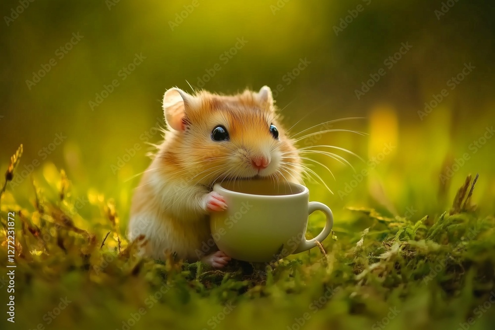A small hamster drinks from a tiny cup nestled in vibrant grass. Surrounding the furry creature, the warm golden light adds a tranquil ambiance. Generated AI A small hamster drinks from a tiny cup nestled in vibrant grass. Surrounding the furry creature, the warm golden light adds a tranquil ambiance. Generated AI