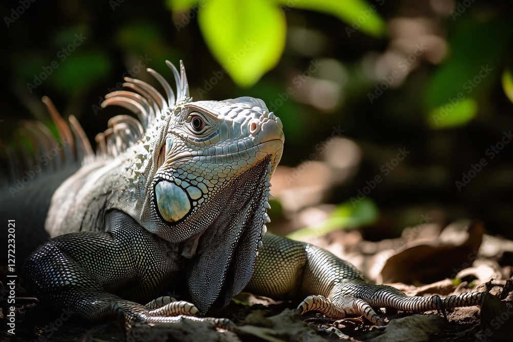 An iguana relaxes in the warm sunlight, showcasing its textured scales while surrounded by rich greenery. Generated AI An iguana relaxes in the warm sunlight, showcasing its textured scales while surrounded by rich greenery. Generated AI