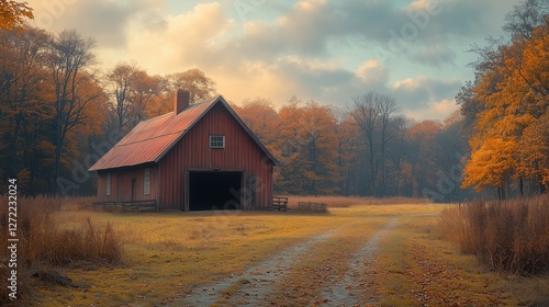 A rustic red barn stands in a serene autumn field surrounded by golden trees and a winding dirt path