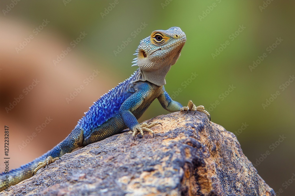 A sharp-faced agama rests atop a rugged rock, displaying its colorful scales under warm sunlight, generated AI A sharp-faced agama rests atop a rugged rock, displaying its colorful scales under warm sunlight, generated AI