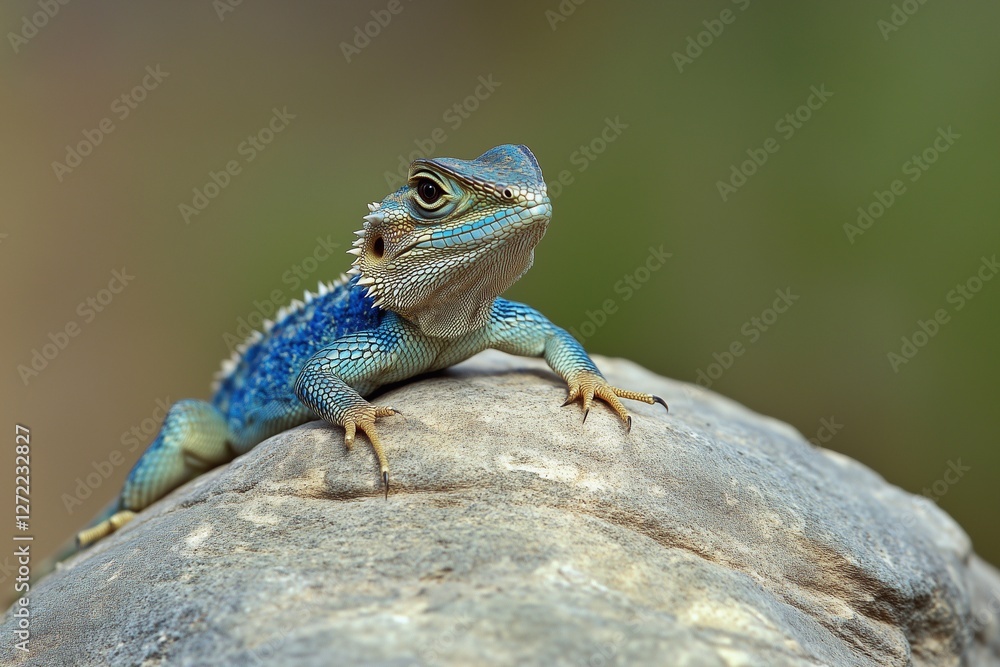 This striking sharp-faced agama rests on a large rock, showcasing its vibrant blue and green coloration. Generated AI This striking sharp-faced agama rests on a large rock, showcasing its vibrant blue and green coloration. Generated AI