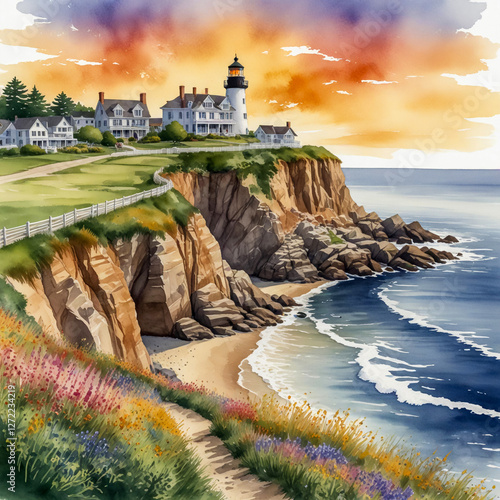 watercolor illustration of Newport, Rhode Island, showcasing the famous Cliff Walk along the Atlantic Ocean