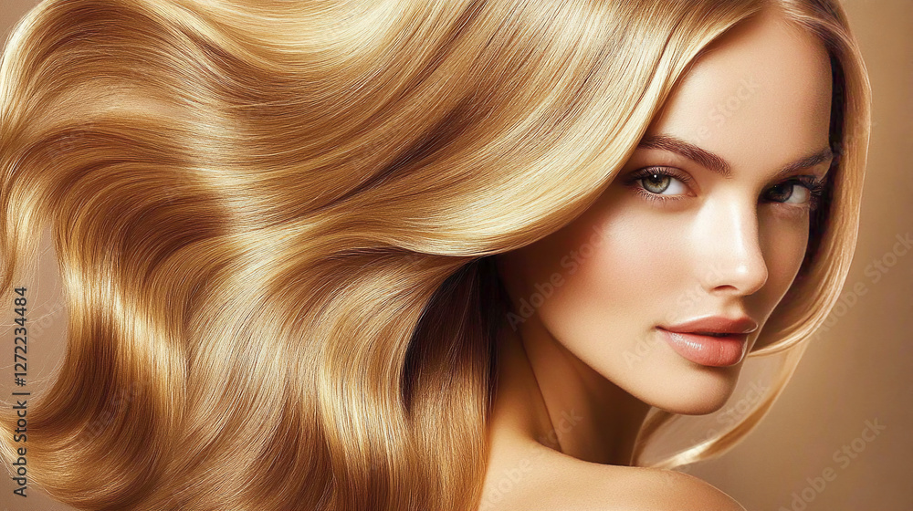 Obraz premium Beautiful woman with wavy silky long blond hair on warm pastel background. Hair salon beauty shop. Cosmetics fashion concept