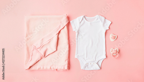 Soft baby products arranged on pastel pink background, cozy branding photo