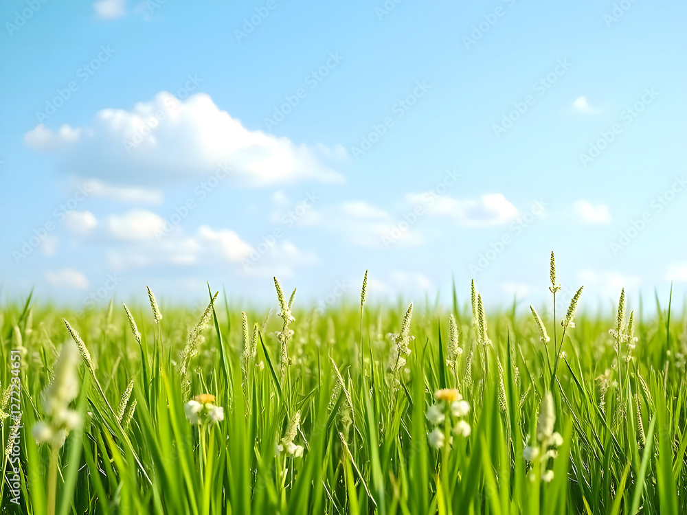 Fototapeta premium Sustainable development, eco friendly lifestyle concept. 3d rendering of arrow circle icon on fresh spring meadow with blue sky in background.