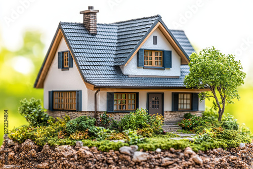 detailed model of charming house with garden, showcasing sloped roof, blue shutters, and welcoming entrance. vibrant greenery enhances its appeal