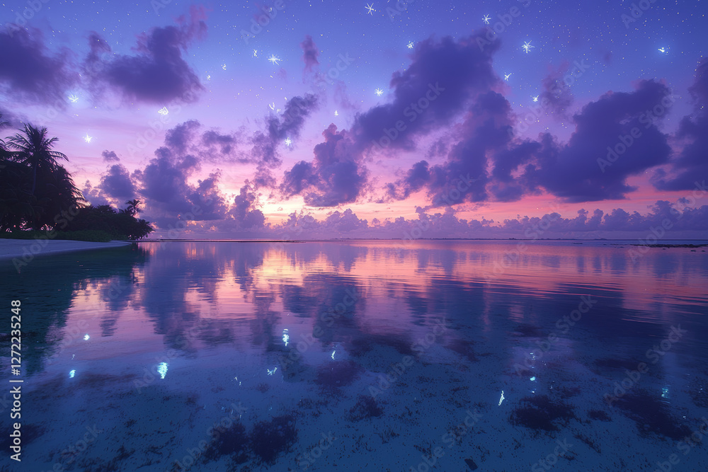 serene ocean landscape reflecting colorful sunset with clouds and stars. tranquil water creates peaceful atmosphere, perfect for relaxation and contemplation serene ocean landscape reflecting colorful sunset with clouds and stars. tranquil water creates peaceful atmosphere, perfect for relaxation and contemplation