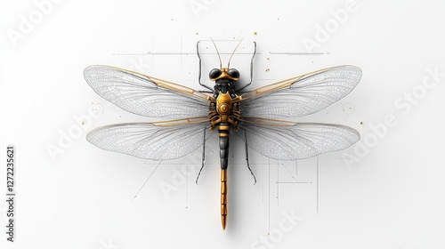 Futuristic mechanical dragonfly design with intricate details and metallic wings