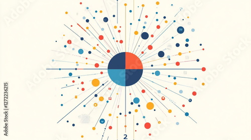 Brightly colored graphic depicting a circular center with radiating lines and varying sized dots representing data points or connections
