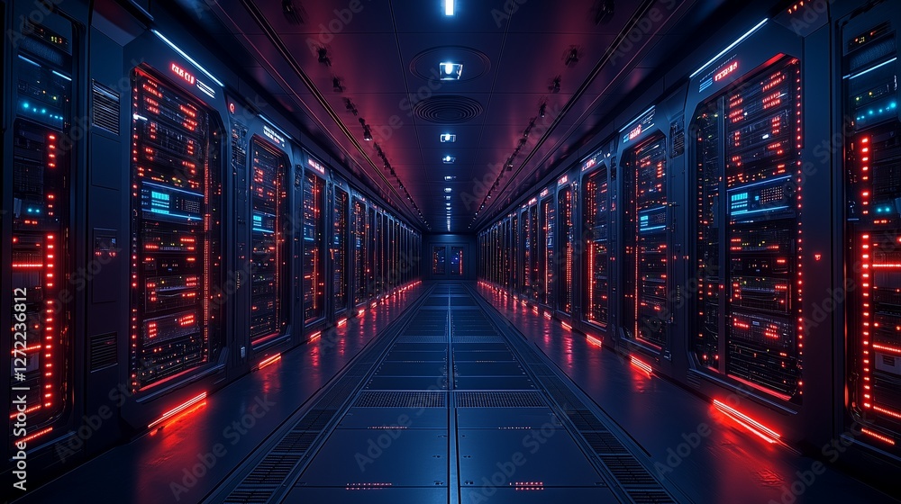 A futuristic data center room with rows of glowing panels and advanced technology under dim lighting A futuristic data center room with rows of glowing panels and advanced technology under dim lighting
