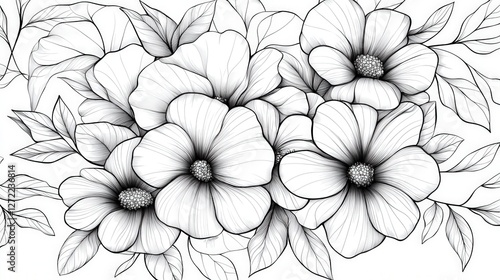 Wallpaper Mural Black and white floral line art illustration of blooming flowers with leaves Torontodigital.ca